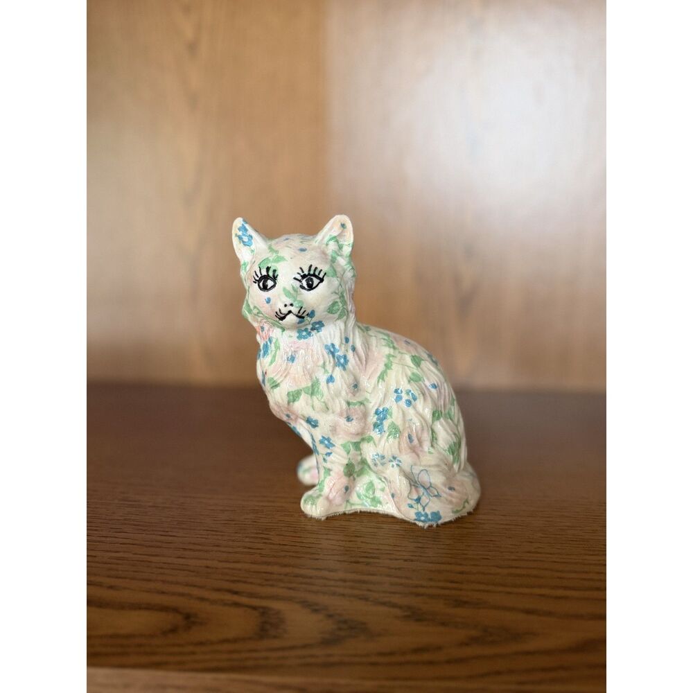 Vintage Floral Chintz Ceramic Cat Figurine Retro Kitsch Calico Kitty
